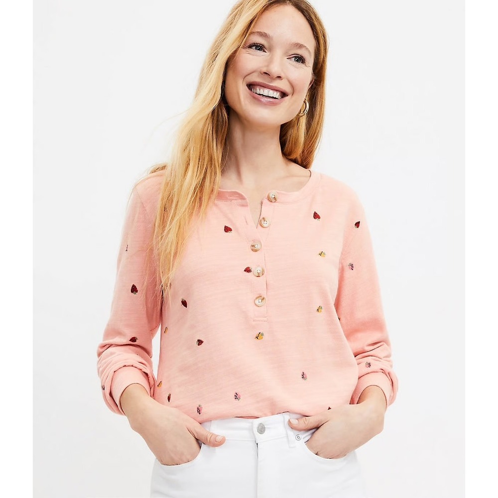 LOFT Fruit Print Embroidered Coral / Peach Long Sleeve Henley Top, Size M
